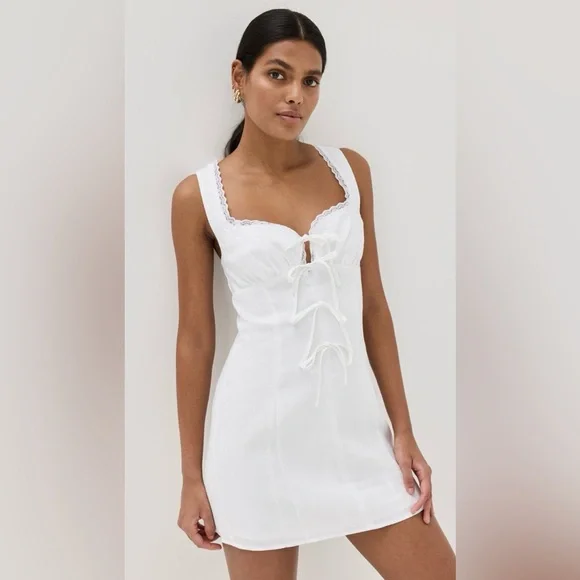 Reformation Reia White Linen Bow Mini Dress Lace Trim Women’s Size 6 - Picture 2 of 10